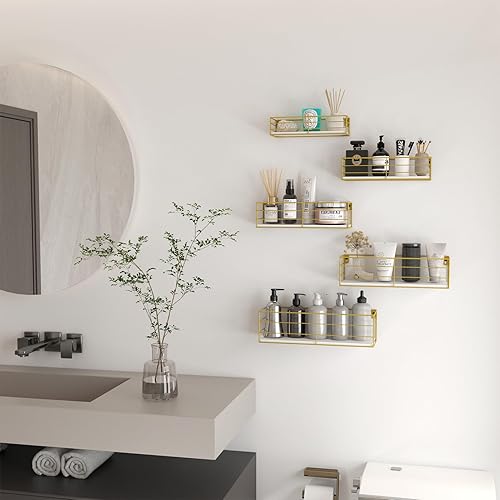 Miniatura 5 de CRUGLA Juego de 5 estantes flotantes dorados montados en la pared, estante flotante de almacenamiento colgante para baño, cocina, dormitorio, sala