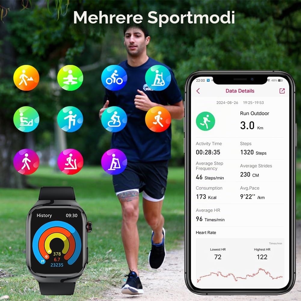EKG Smartwatch mit Telefonfunktion Blutdruck SpO2 Herzfrequenz | Wasserdichte Fitnessuhr mit SOS, Sportuhr mit BMI Pulsmesser Schlafmonitor Schrittzähler für Android iOS
