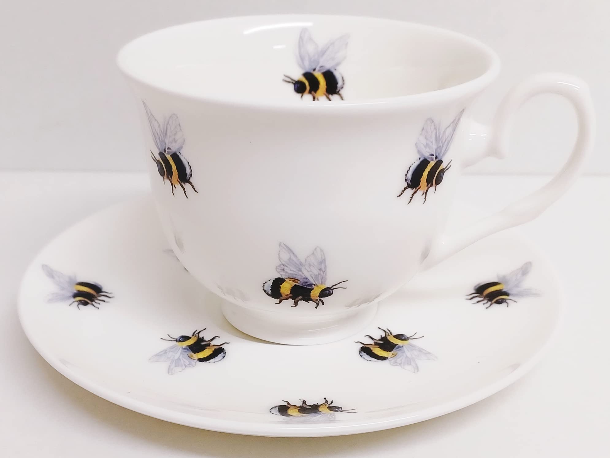 Rainbow Decors White Bees Tea Cup & Saucer Fine Bone China Bumblebee Hand Decorated Uk