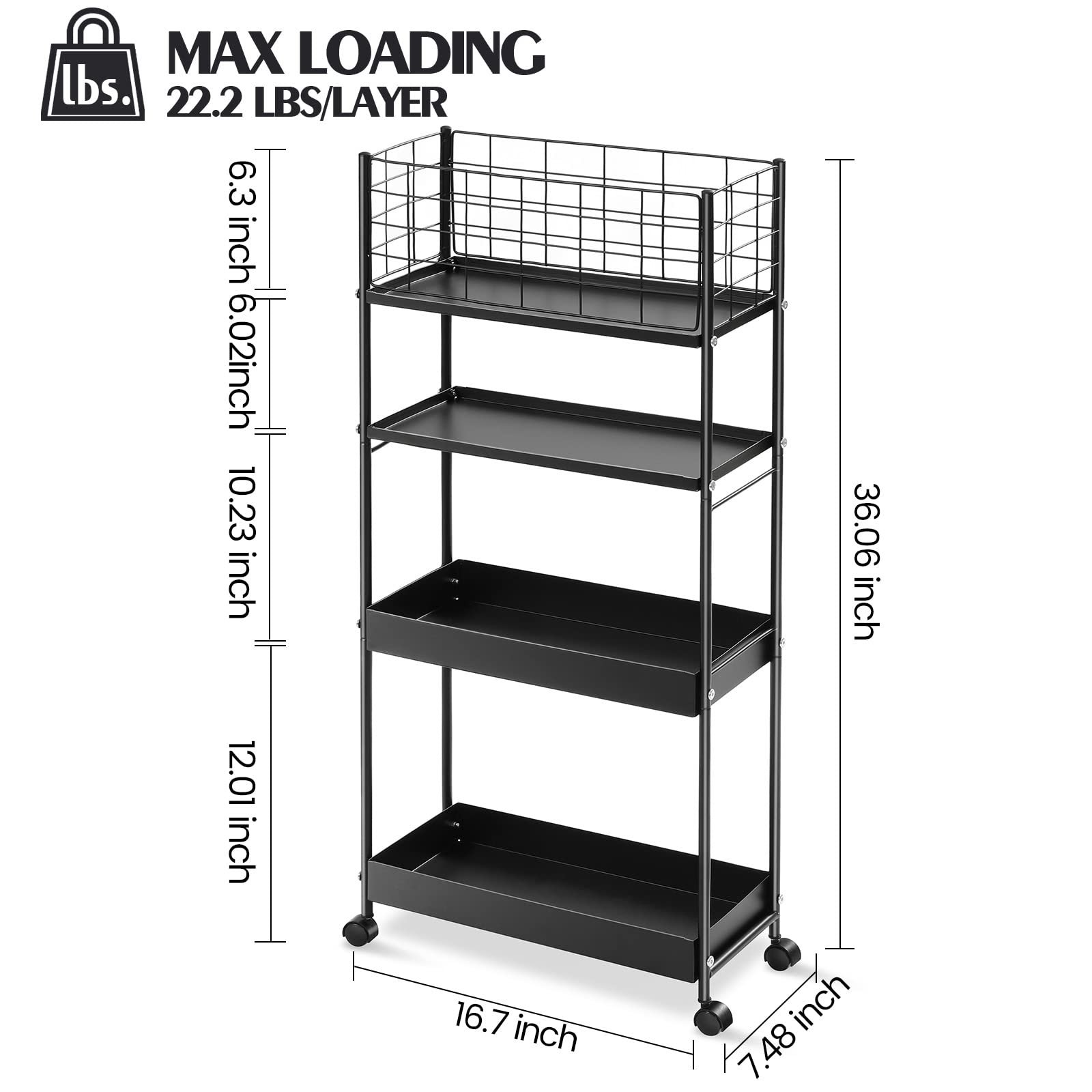 KINGRACK Slim Storage Cart,4Tier Metal Utility Rolling Cart with