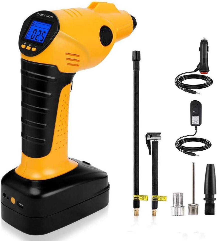 CARYWON Air Compressor Portable Tyre Inflator Cordless Digital Electric Pump with Digital Pressure Gauge LCD Display, LED Light 140PSI Rechargeable Lithium Battery for Cars, Bicycles, Motos, Balls