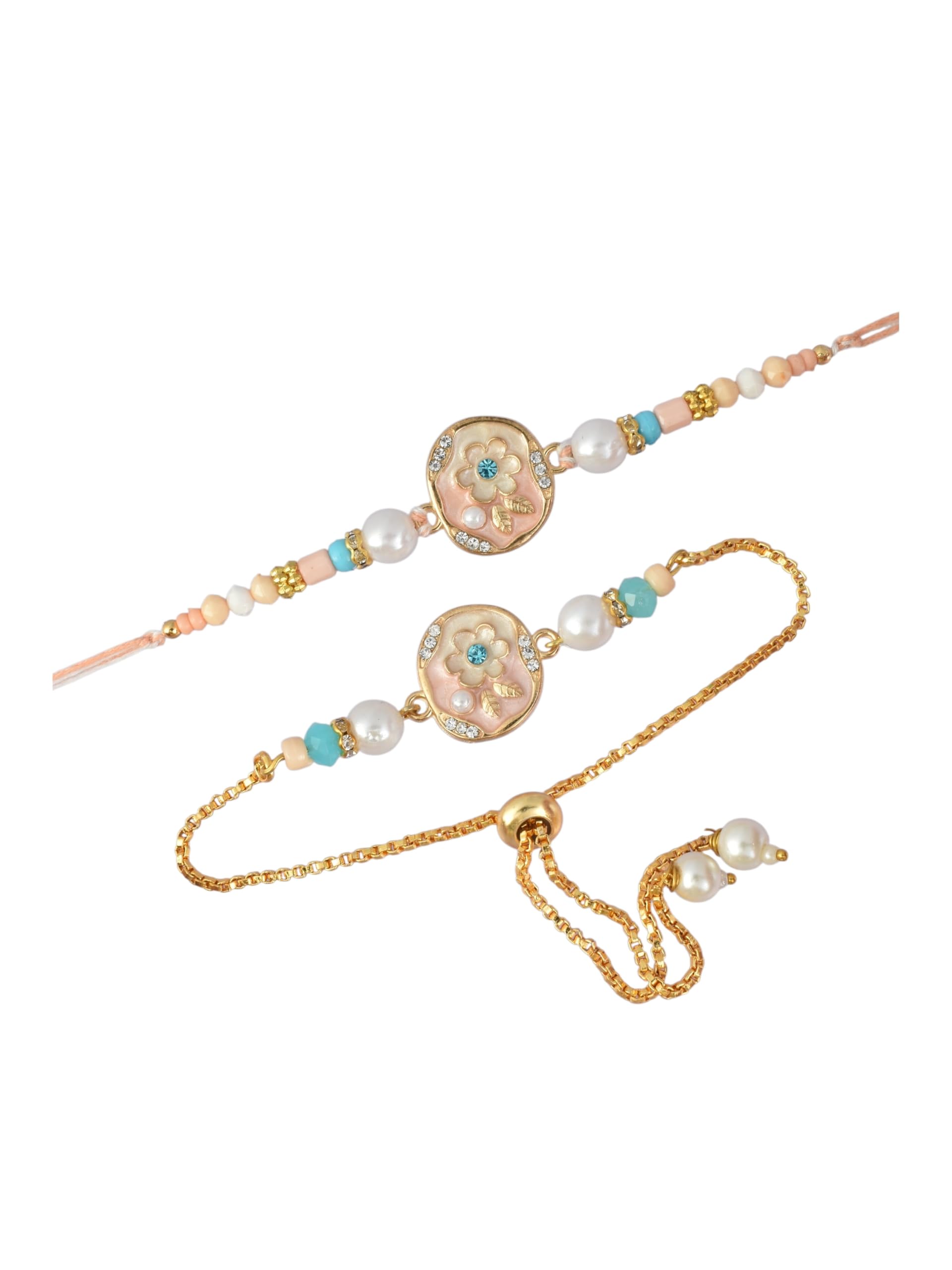 Premium Silver Plated Floral Design AD Studded Cotton Thread Beaded Bhai Rakhi and Stylish Bracelet Type Rakhi for Bhabhi with Roli Chawal and Greeting Card for Raksha Bandhan-37-image-1
