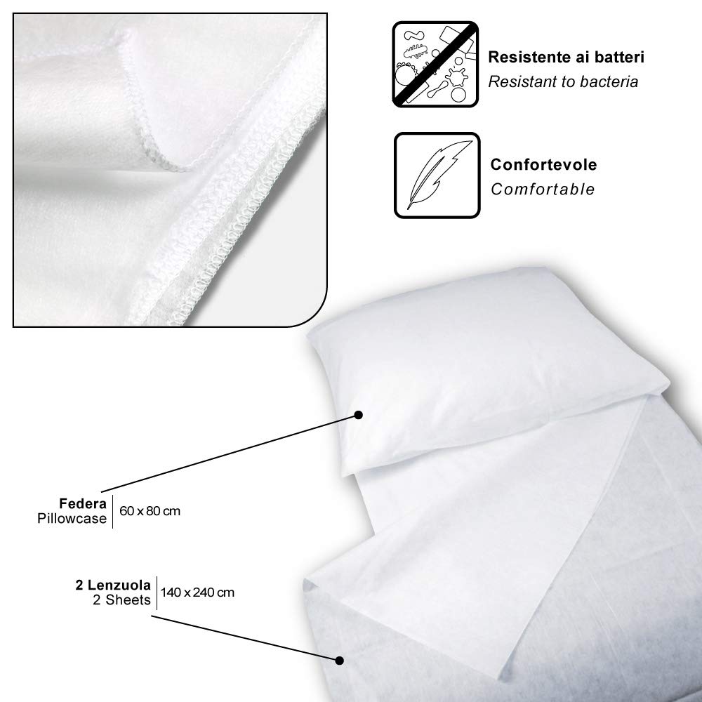 45 Kit Cama Individual Desechable En Tnt 2 Sábanas Cm 140 x 240 y 1 Funda De Almohada Cm 60 x 80