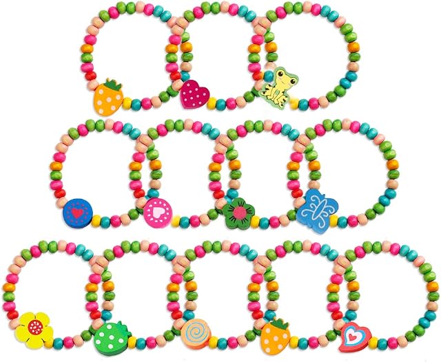 kuou 12Pcs Colourful Wooden Bracelets Set, Party Bag and Stocking Fillers Loot