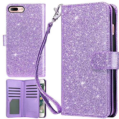 UrbanDrama iPhone 8 Plus Case iPhone 7 Plus Case, Glitter Sparkly Flip Wallet Folio PU Leather Credit Card Slots Protective Case Cover for iPhone 7 Plus, iPhone 8 Plus 5.5 Inches, Purple