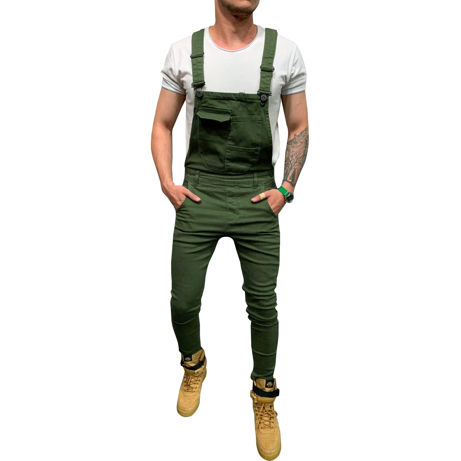 LONGBIDA Men's Denim Bib Overalls Fashion Slim Fit Jumpsuit with Pockets