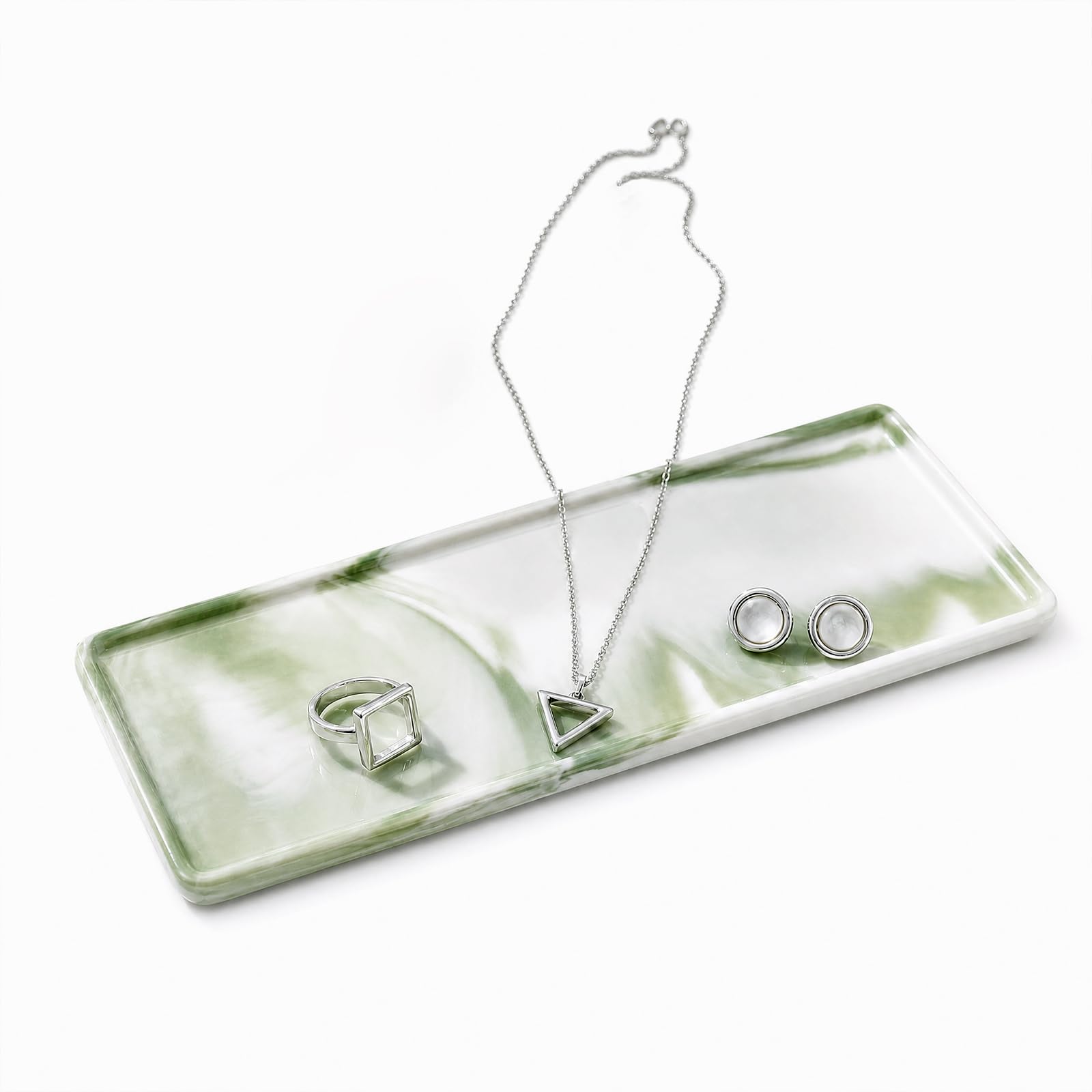 26.5x9x1.2cm Marble Stone Decorative Tray,Ceramic Bathroom Vanity Tray for Bath & Kitchen Sink，Rectangle Jewellery Plate for Cosmetics, Perfume, Soap Dispenser, Candle (Green)
