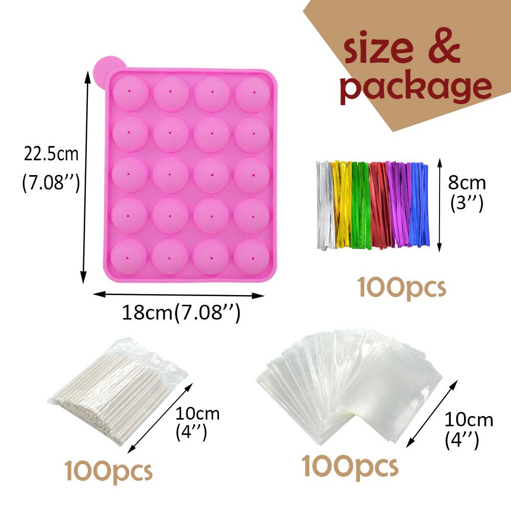 Moules À Cake Pop +100 Bâtonnets+100 Cellophane Pop Cake+100 Noeuds Papillon,20 Moules À Gâteau En Silicone Moules À Moule À Sucettes En Silicone