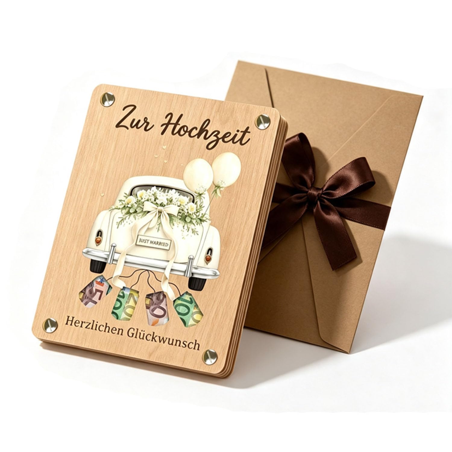 13 x 10 cm Biglietto Auguri In Legno, idealny na gratulacje ślubne | Ozdoba samochodu dla nowożeńców z drewnianą kopertą, romantyczny styl i pełna miłości