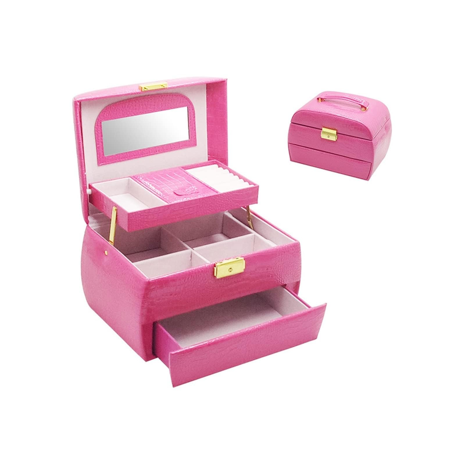Joyero organizador, estuche de almacenamiento multicapa de piel sintética con espejo para collares, anillos, aretes y pulseras