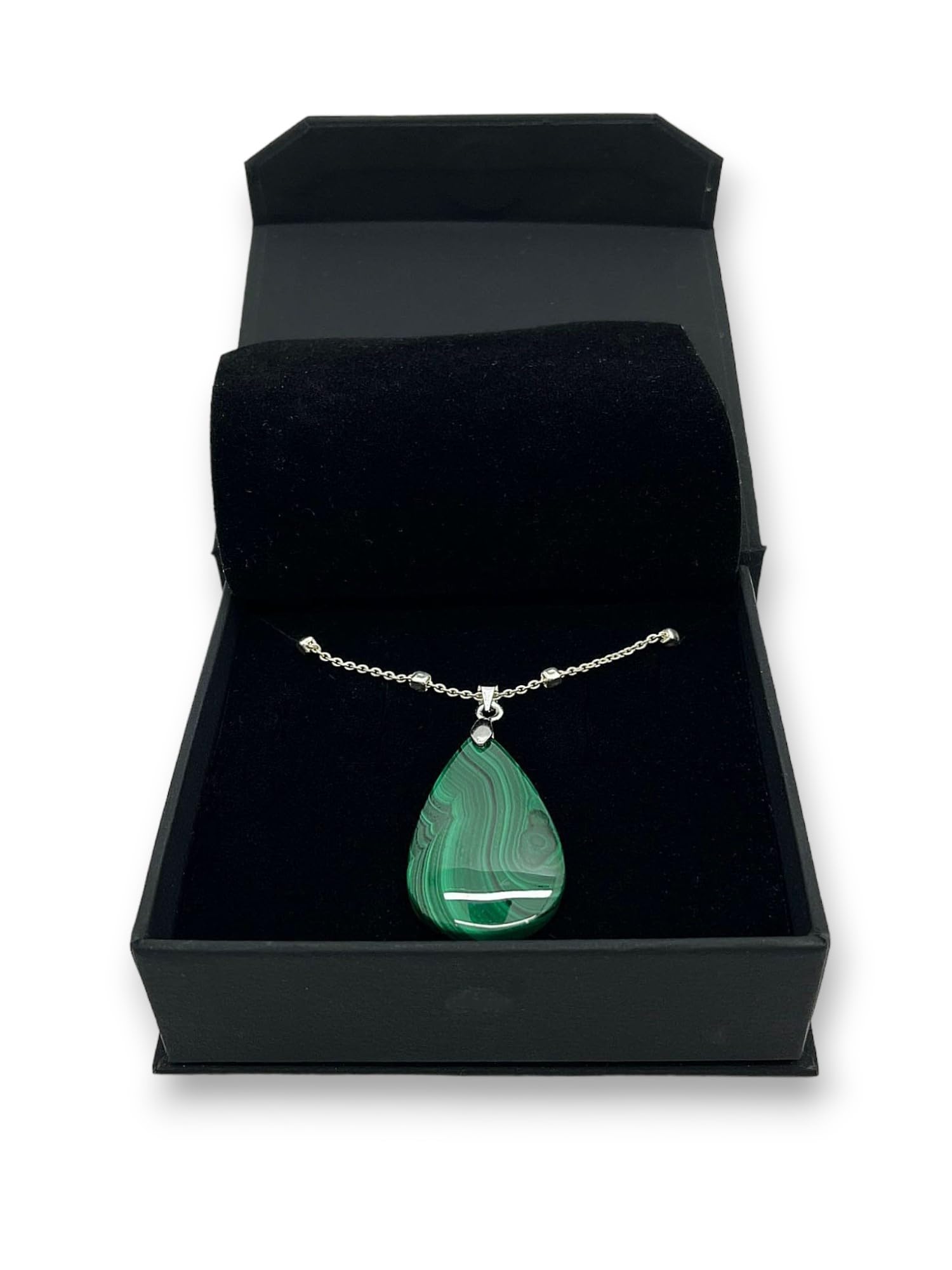 Collar para mujer plata de Ley 925 con colgante gota de agua lagrima - Piedras semipreciosas naturales malaquita curativas y energeticas - Amuletos para la buena suerte