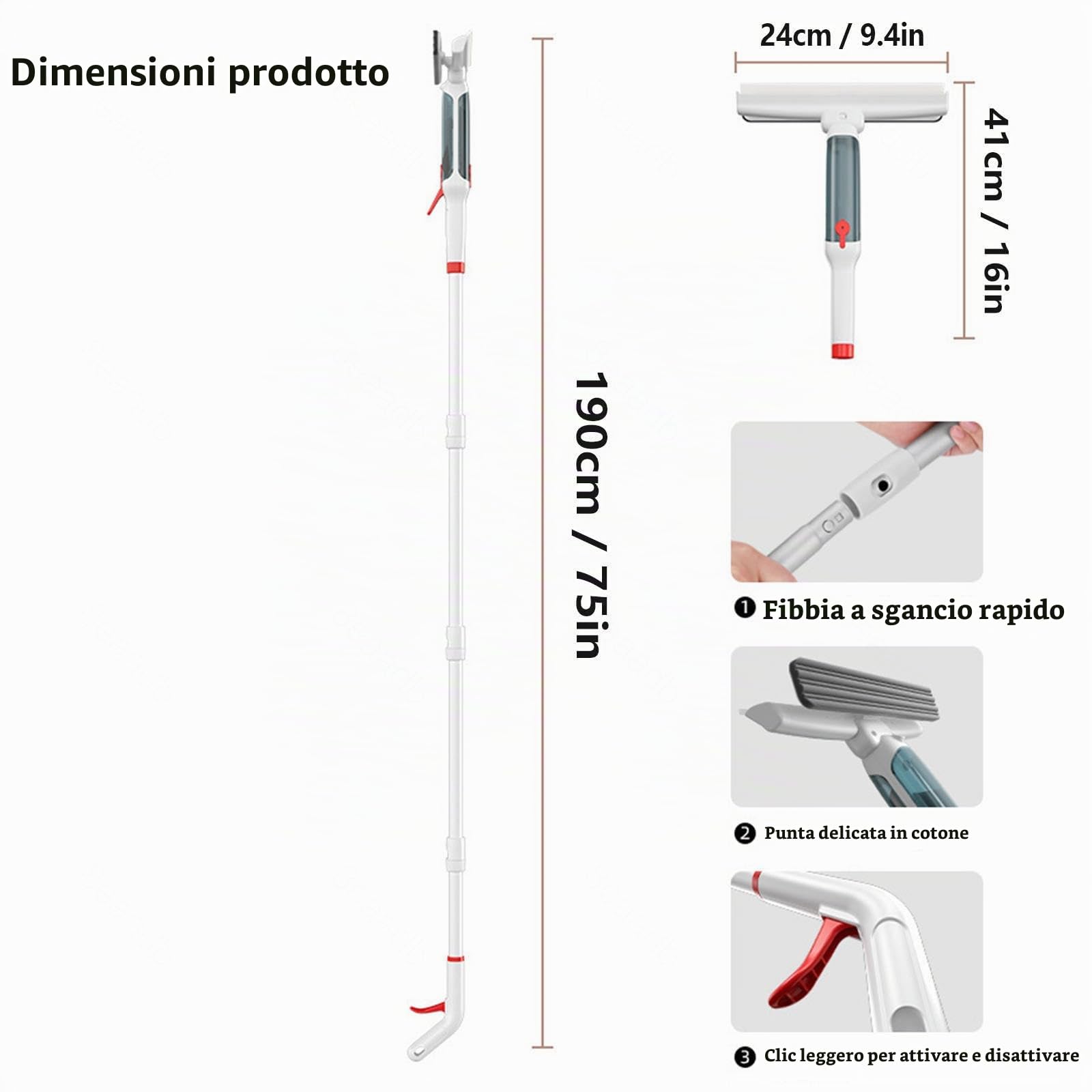 Spruzzo 4 in 1 Lava Vetri Finestre con Asta di Prolunga(190cm), Spazzola Lavavetri con Raccoglitore Acque Nere E 5 Panni Lavavetri Professionale per Finestre Alte Interno/Esterno