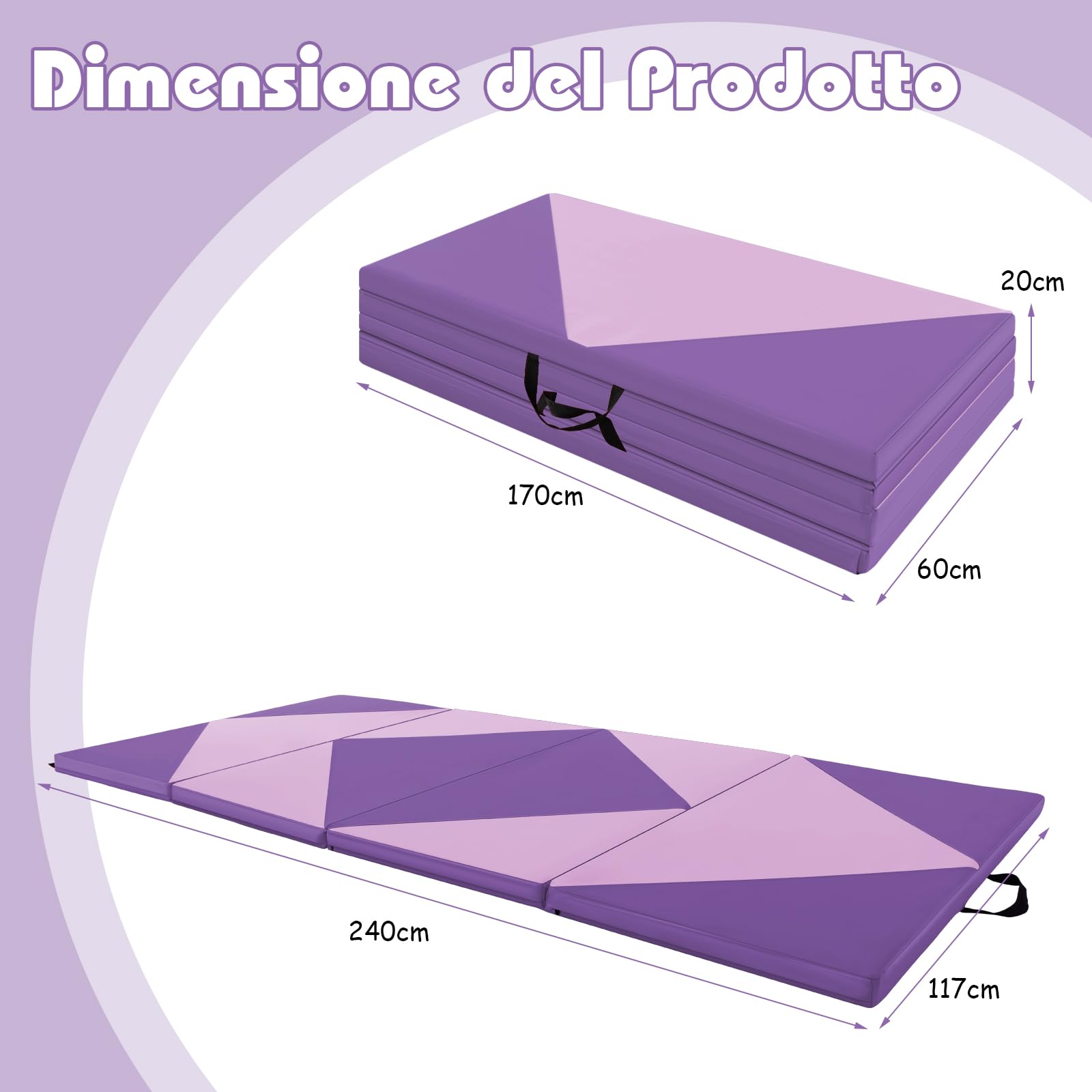 GYMAX Tappetino da Ginnastica Pieghevole, 240 x 117 x 5 cm Materassino da Allenamento Portatile Spesso 5 cm, con Imbottitura Impermeabile e Manici, per Indoor Outdoor Palestre Casa