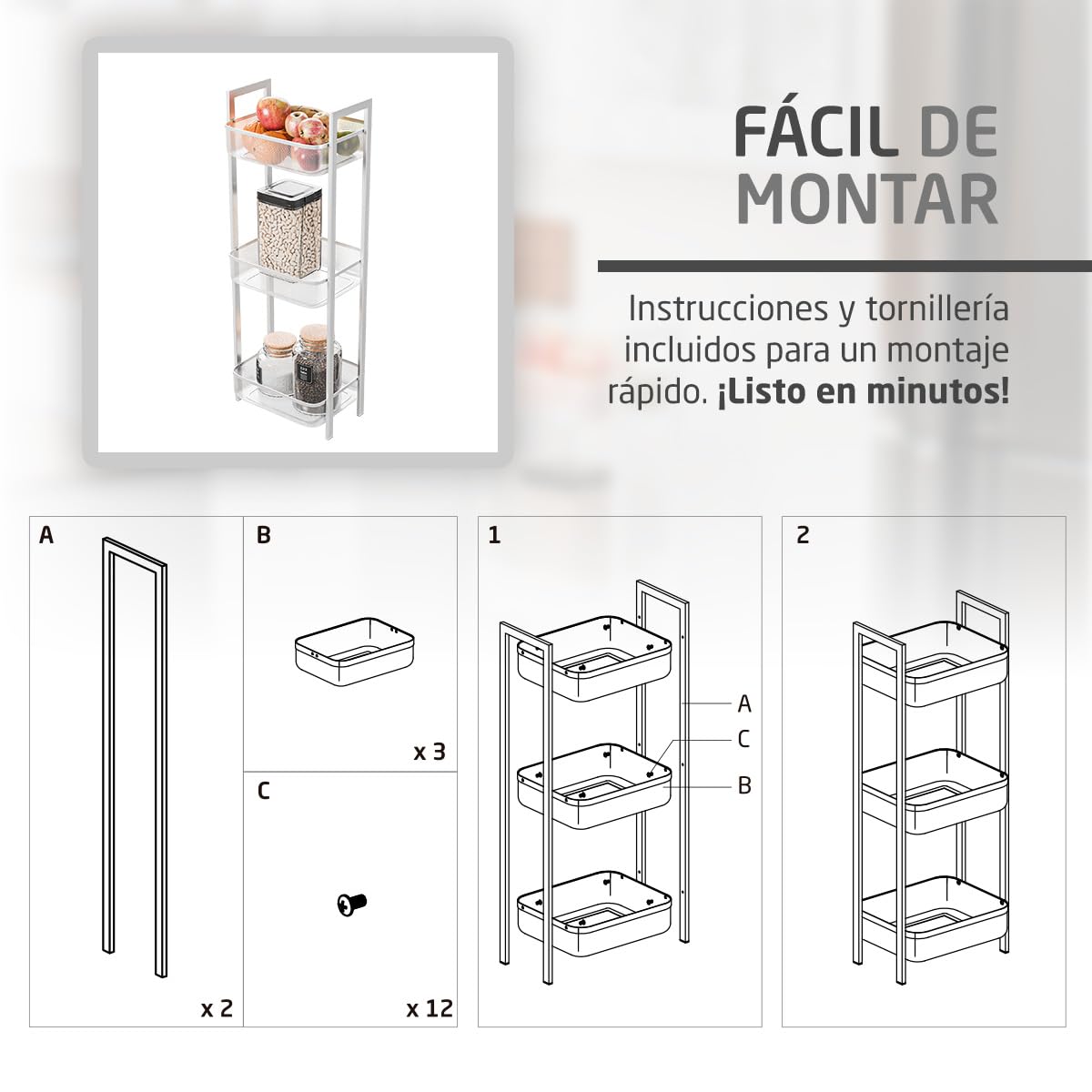 Amig - Mueble Organizador Multiuso - 3 Cestos en Altura - Acero Blanco - Almacenamiento en Cocina de Tarros, Verduras o Frutas - Medidas: 33 x 25 x 85 cm
