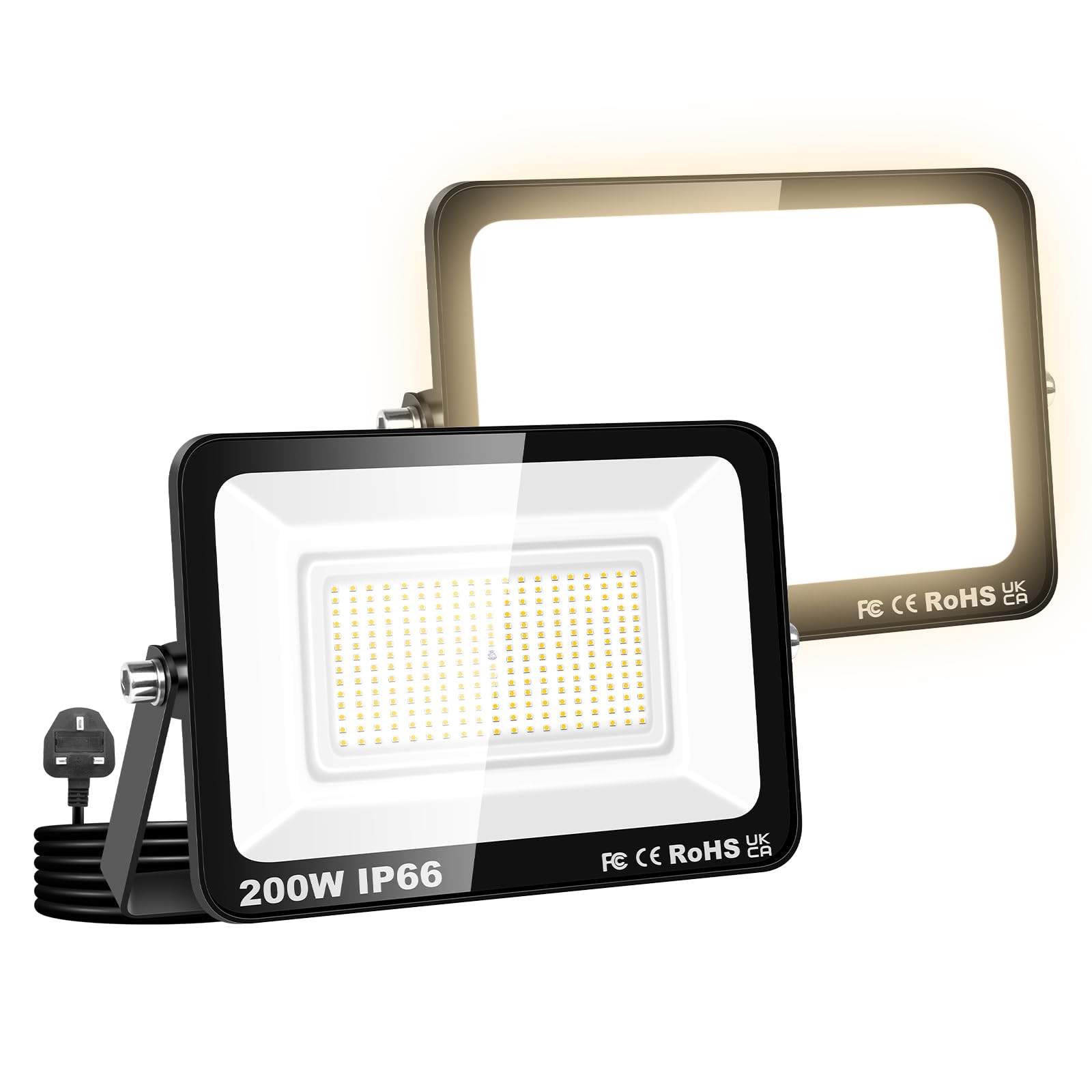 Willpower 2PCS Outdoor LED Floodlights 200W 20000LM, Flood Lights with Plug, LED Security Lights 3000K Warm White Job Site Work Lamp IP66 Waterproof for Garden Garage Yard Lawn Court Workshop Patio