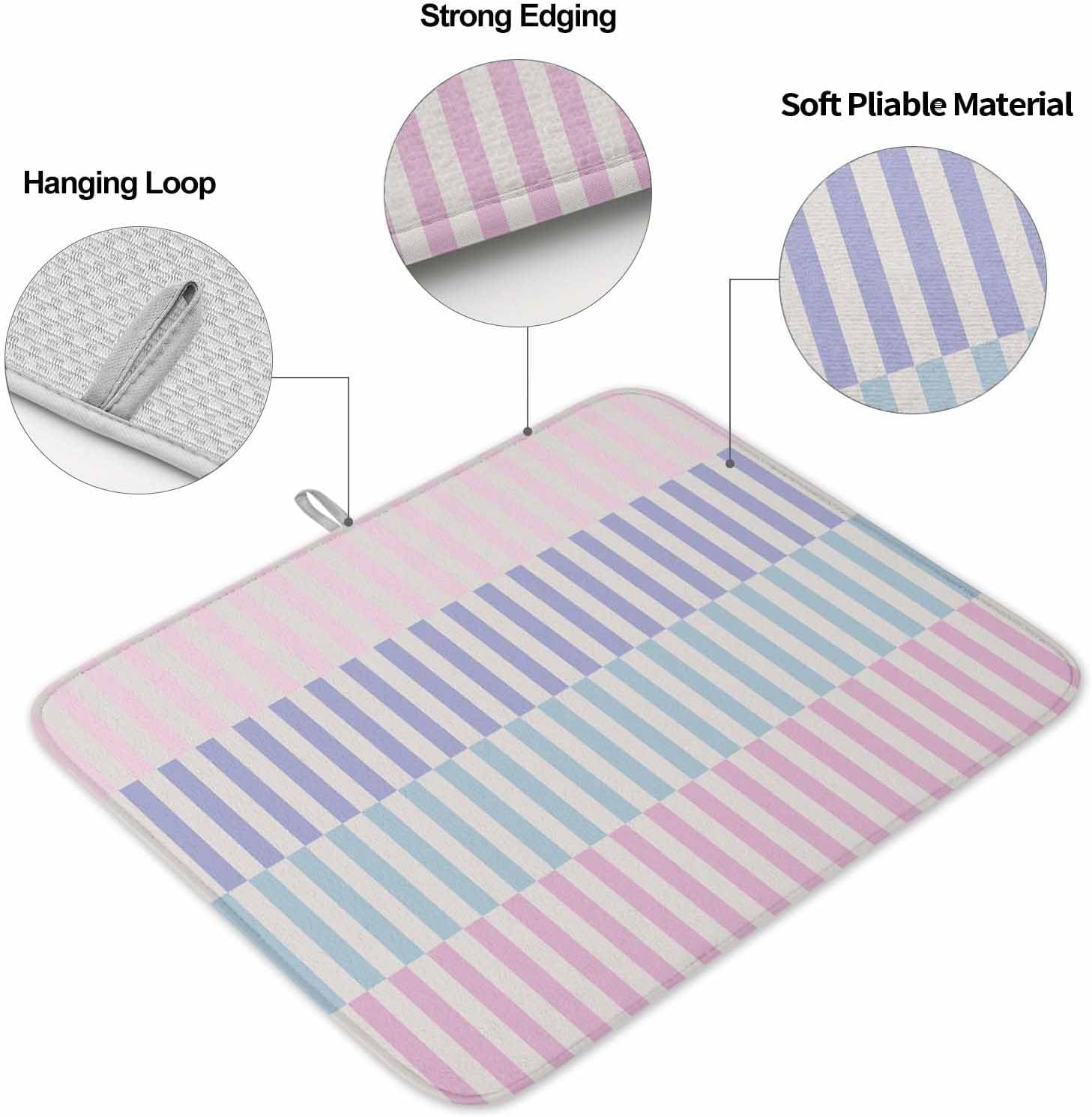 Dish Drying Mat Set of 2 Stripes Microfiber Absorbent Reusable Washable Dish Drying Rack Mat Pink Purple Blue Coffee Mat for Coffee Maker Bar Kitchen Countertops 18x24inch