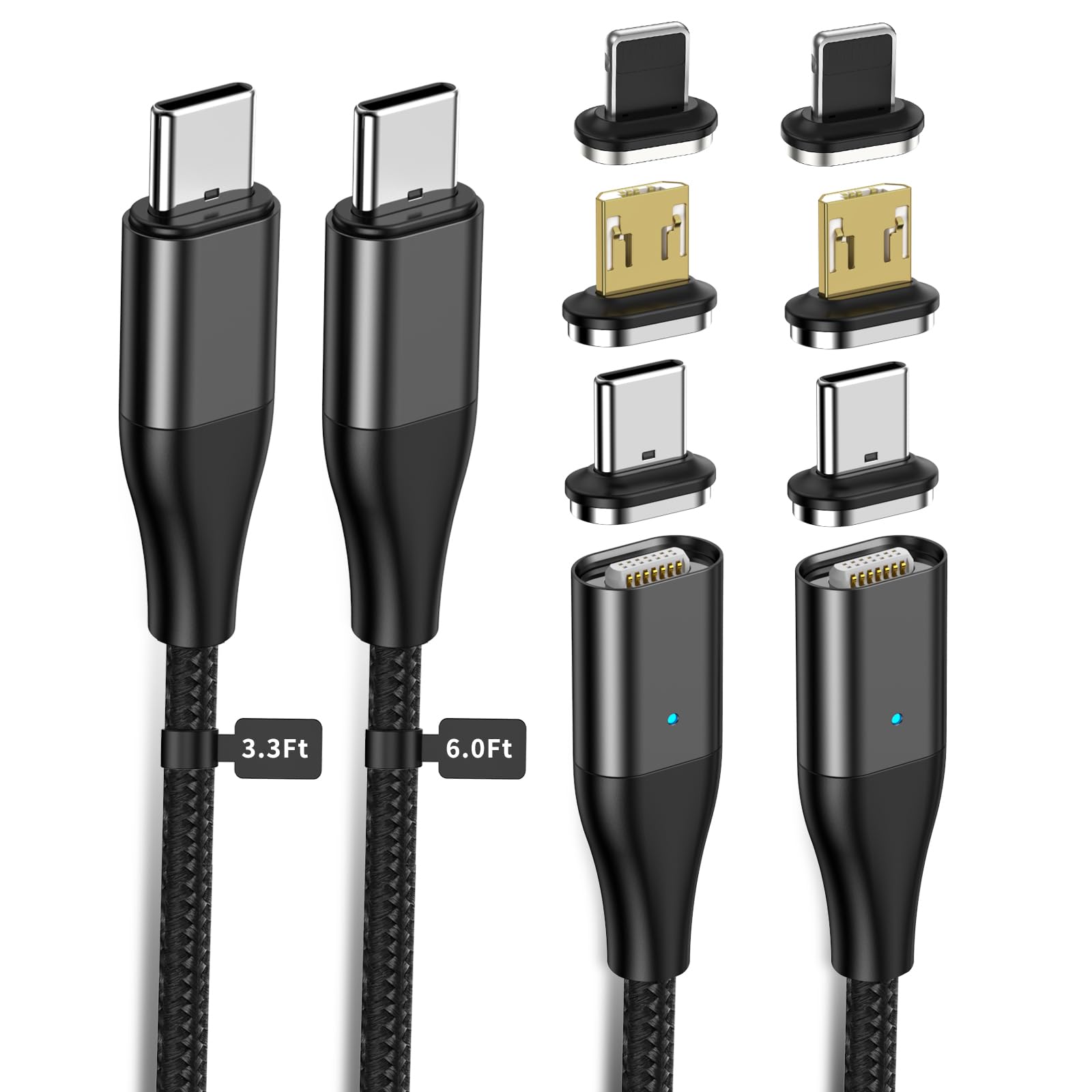 YKZ Cavo Magnetico USB C a C 3 in 1, Cavo di Ricarica Magnetico, [1M+2M] Caricatore Rapido PD 60W, Corda di Nylon Compatibile con Dispositivi Tipo C e Android (Nero