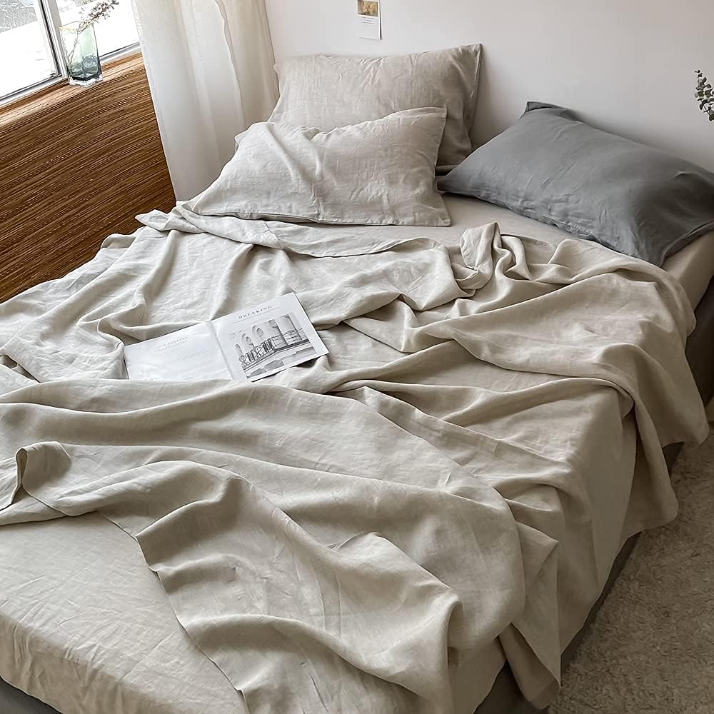 Simple&Opulence Washed Linen Bed Sheet Set Basic Style 4 Pieces (1 Flat Sheet & 1 Fitted Sheet & 2 Pillowcases) 100% Natural French Flax Soft Breathable Farmhouse Bedding (King, Linen) - Image 9