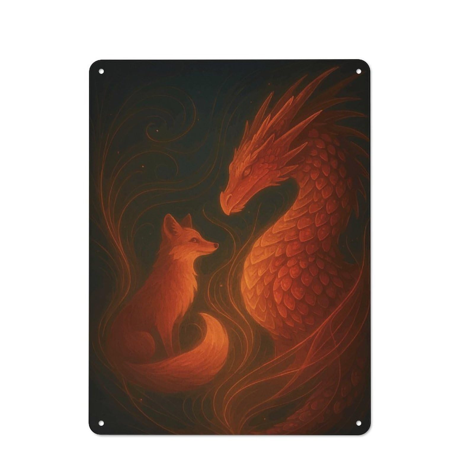 Junmoney Style-19 Garden Style Fox And Dragon In Warm Light Tin Sign 40X30cm, Porch Wall Decor For Patio Bar, Workshop, Shed Or Kitchen