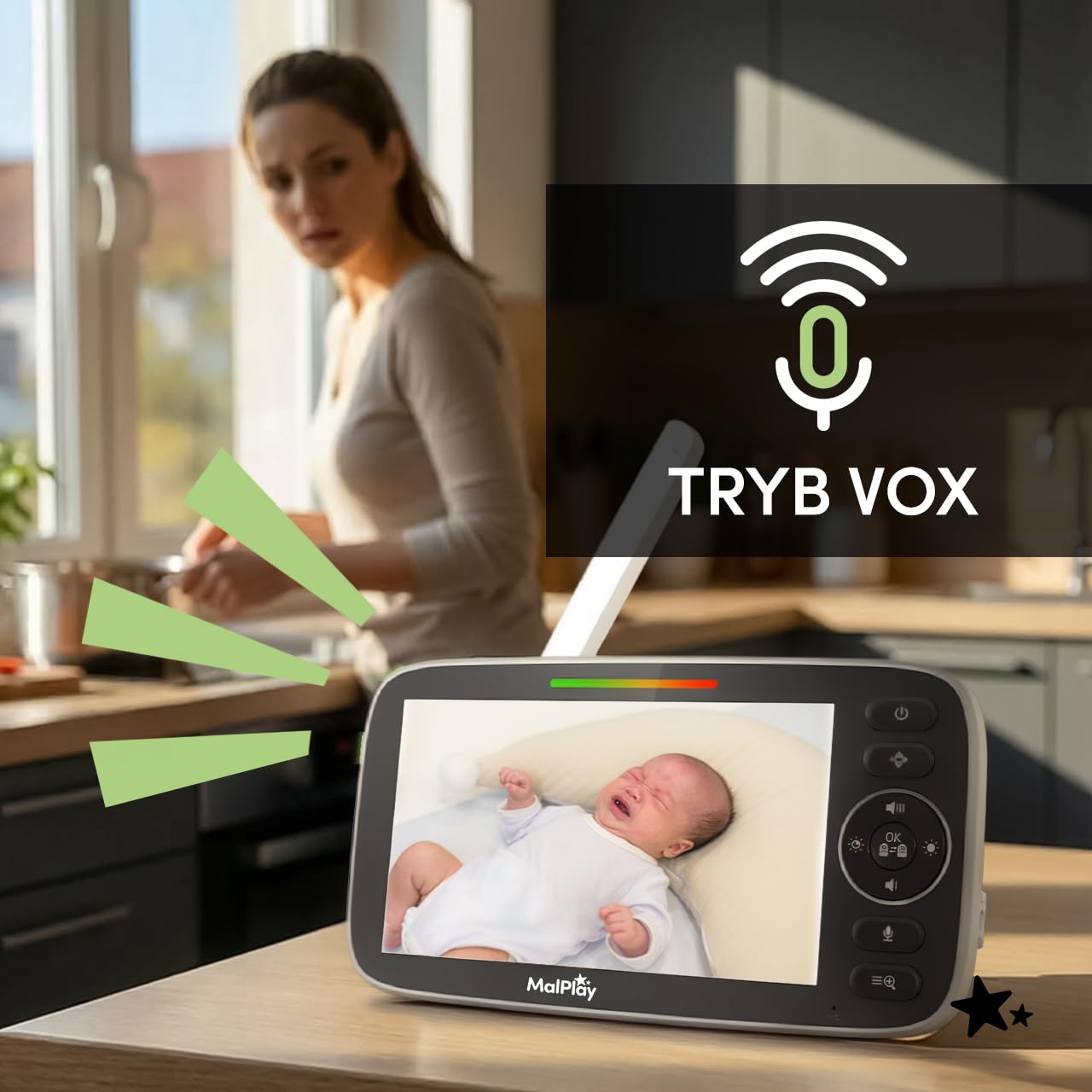 MalPlay Babyfon z kamerą 5 cali HD bez WLAN, wideofon dla niemowląt z noktowizorem, tryb VOX, dwukierunkowe audio, 4X zoom, monitorowanie temperatury, kołysanki, zasięg 300 m NannyEye Complex