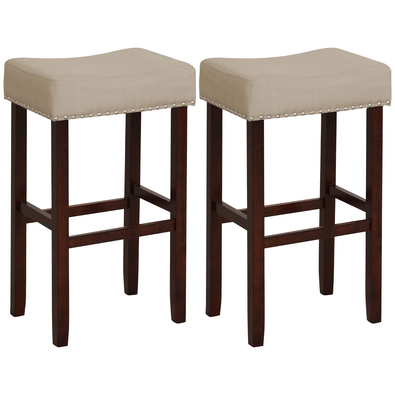 ERGOMASTER Bar Stools for Kitchen Island Set of 2 Bar Height 29 Inch Backless Barstools Modern Fabric Saddle Stools, Khaki/Brown