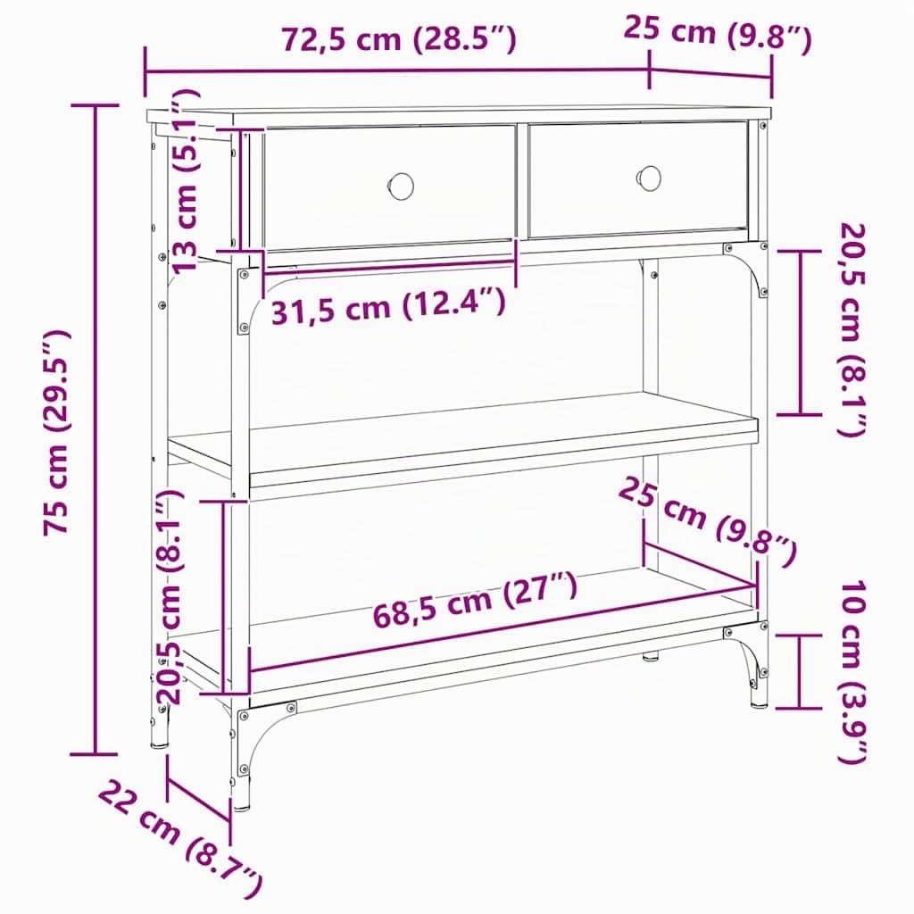 vidaXL Tavolino Consolle Rovere Sonoma 72,5x25x75cm Legno Multistrato