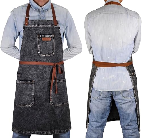 Miniatura 2 de DingSay Trendy Delantal de mezclilla con bolsillos, delantal profesional de cocina para hombre y mujer, con asa para toalla y correa ajustable para