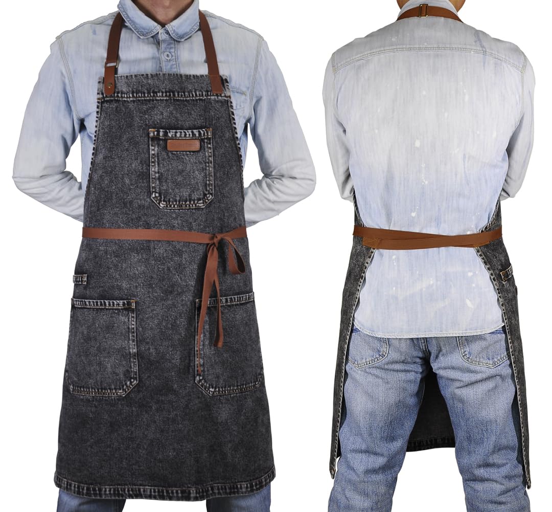 DingSay Trendy Denim Apron with Pockets, Mens Womens Professional Black Kitchen Bib Apron for Chef Cooking Grill BBQ, with Towel Loop and Adjustable Neck Straps