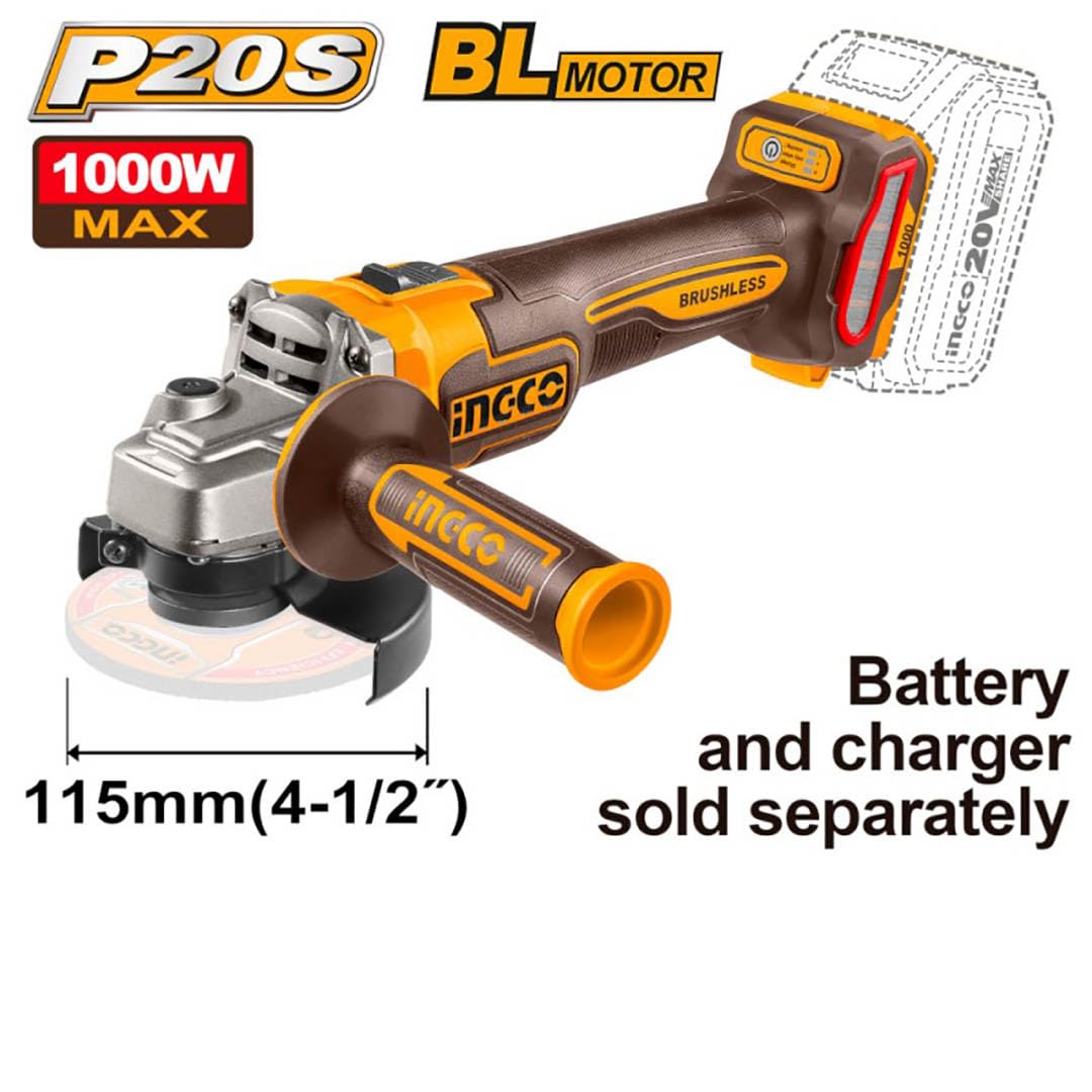 Ingco CAGLI27153 Amoladora angular a batería 20V 115mm 1000W Brushless Velocidad Ajustable Solo Cuerpo