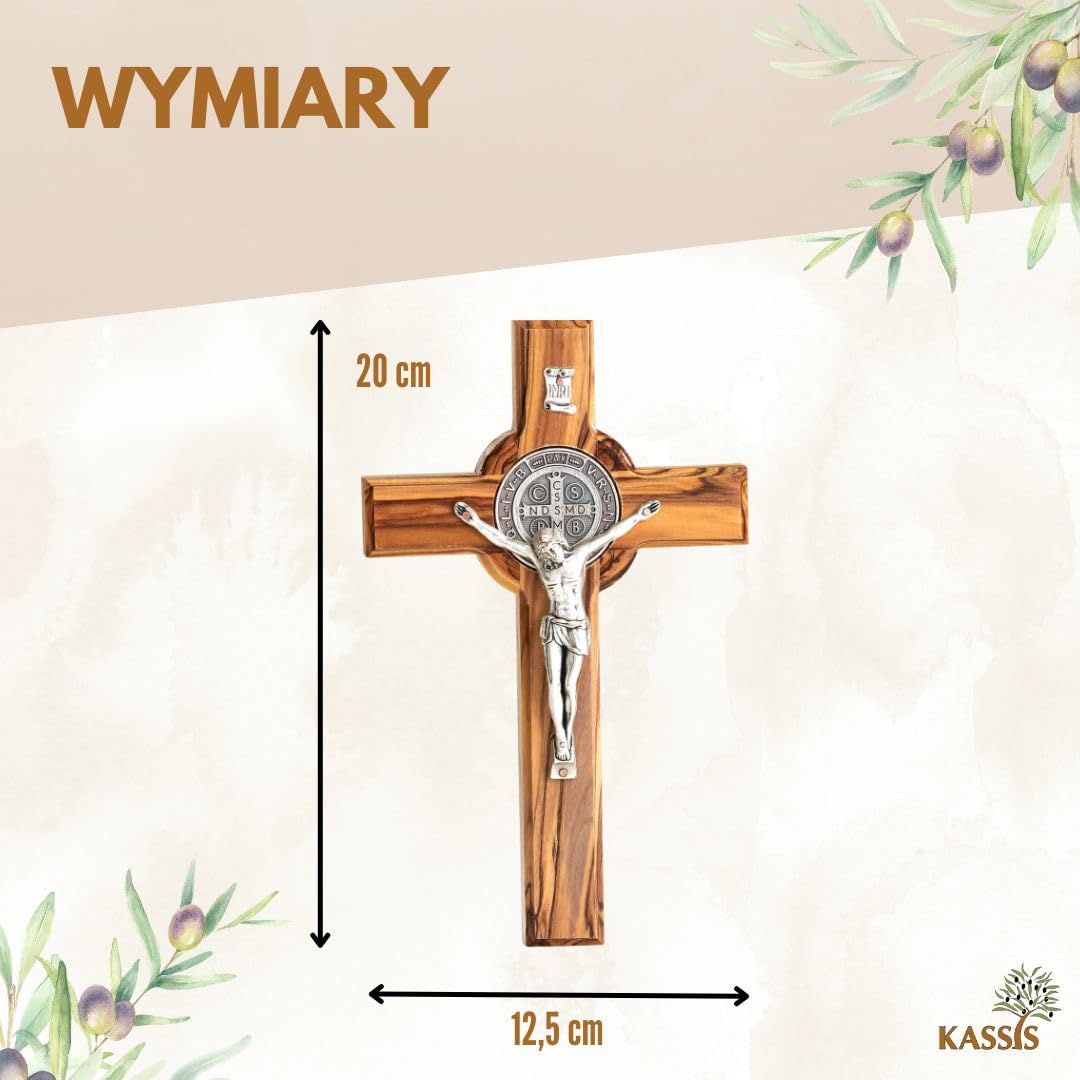 KASSIS ręcznie robiony krucyfiks św. Benedykta - 20 cm krzyż ścienny z drewna oliwnego - trwały prezent na bierzmowanie, komunię i chrzest - dekoracja religijna, błogosławieństwo domu