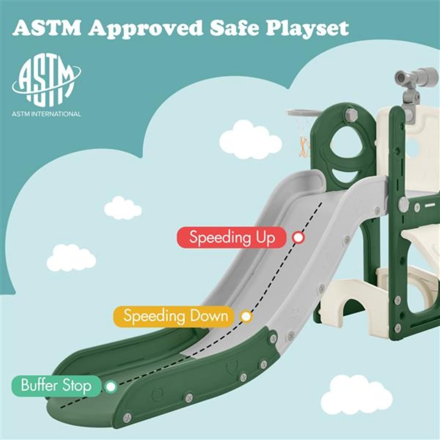 5-in-1 Free-Standing Slide Toy Set, Climbing Frame and Slide Set, Slide, Basketball Hoop, Telescope, Golf Hole, Suitable for Indoor and Outdoor, Gray, Green and White