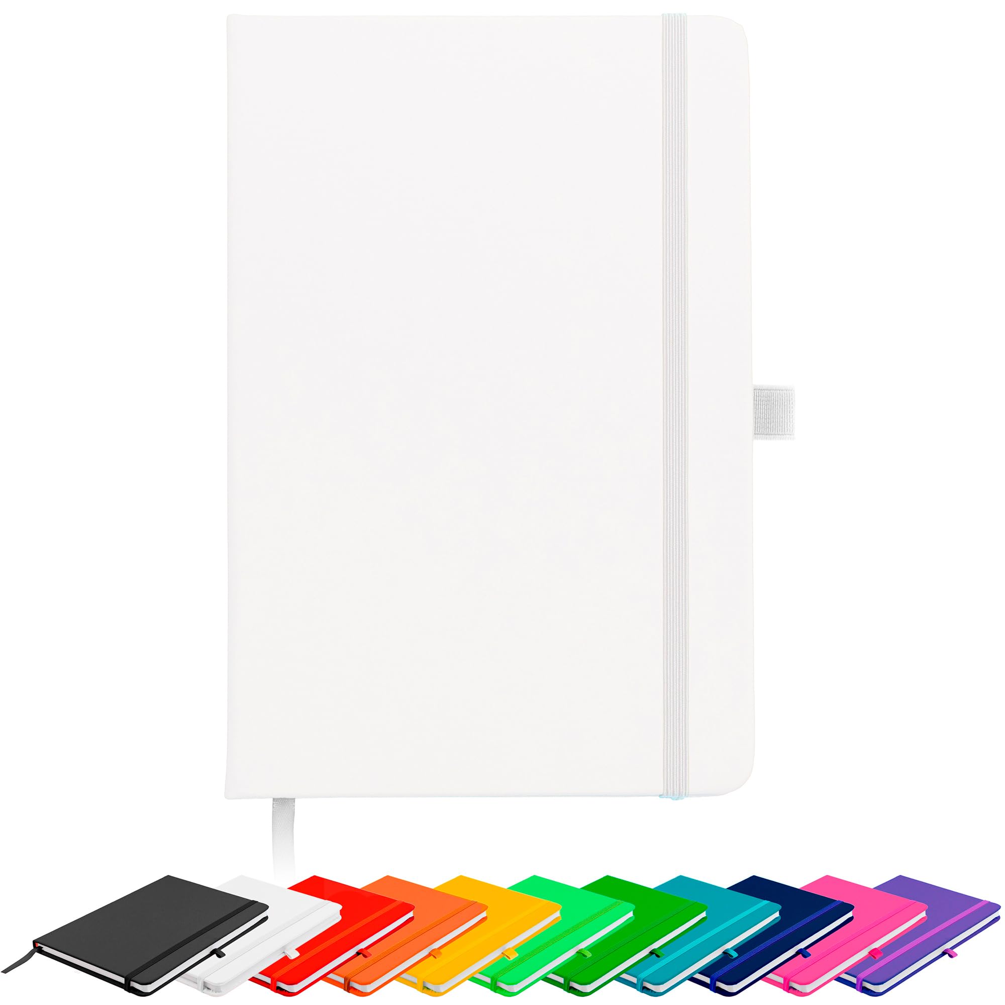 Blanco Basic A5 Unlined Plain Page Notebook New Hardback Journal with pen loop, elastic closure, ribbon marker and pen loop Notepad Note Book Notes Diary Pad (White)