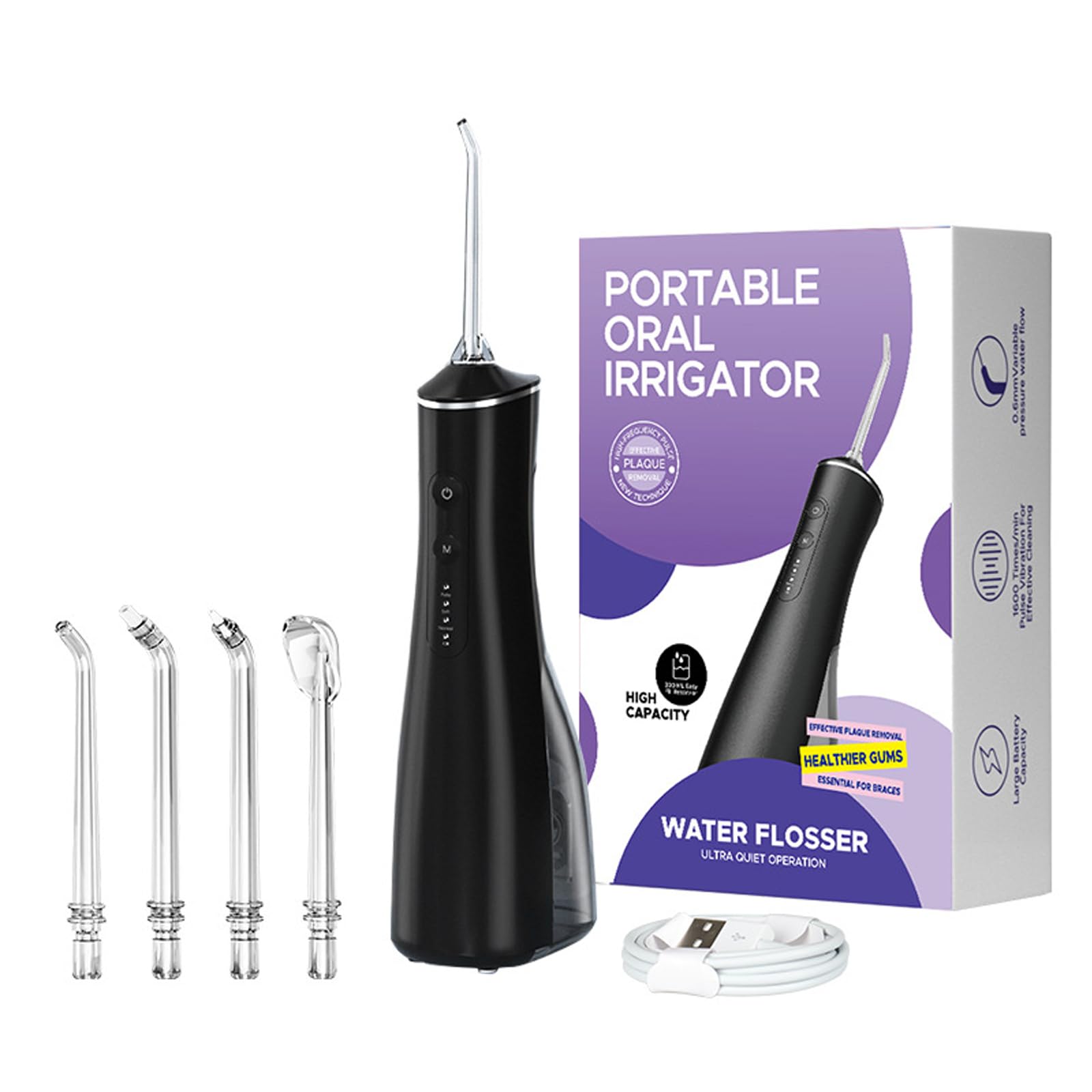 Irrigador Dental,Irrigador Bucal,IPX7 Resistente al Agua,Incluye 4 Boquillas Funcionales, 3 Modos de Presión de Agua,Usb Recargable,Hasta 30 Días de Uso,Capacidad Del Tanque de Agua 300ml (Black)