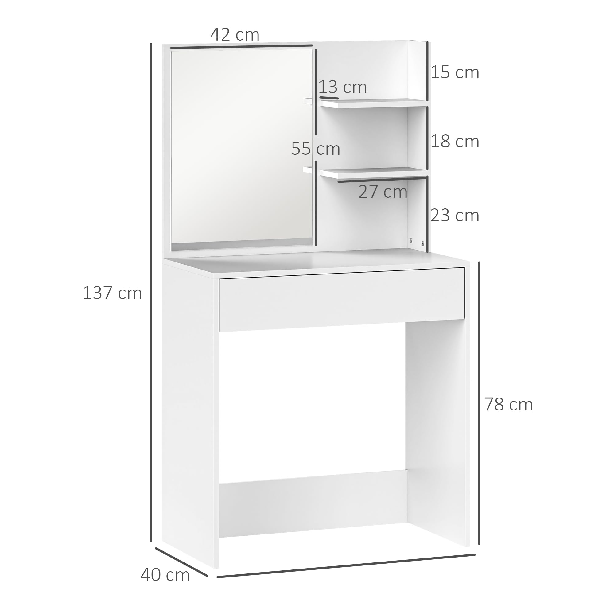 HOMCOM Toeletta Trucco Elegante con Specchio Moderno 75x40x137 cm Bianco | Ampio Cassetto Portaoggetti, 3 Ripiani, Postazione Trucco, Postazione Make Up per Camera da Letto