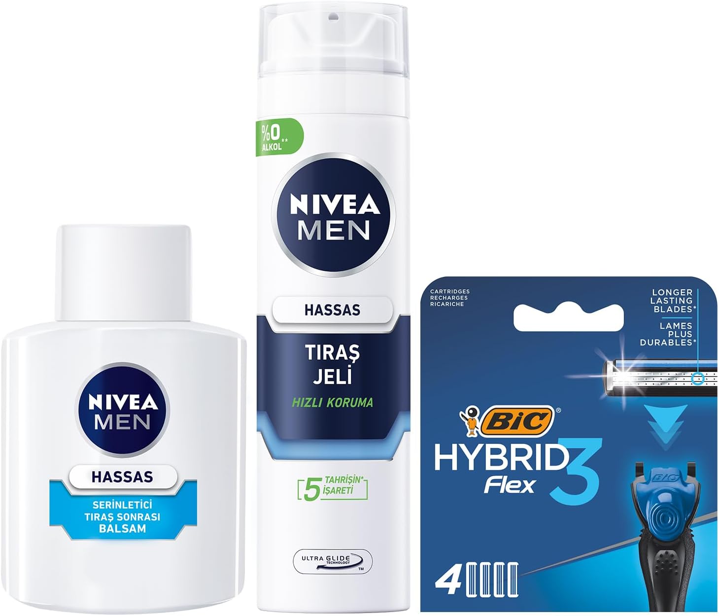 NIVEA Men Hassas Serinletici Tıraş Sonrası Balsam 100 ml, Hassas Ciltler, Alkolsüz Formül, Hızlı Emilir + Tıraş Jeli 200 ml + BIC Hybrid 3 Flex 4'lü Yedek Tıraş Bıçağı Kartuşu