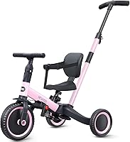 newyoo TR007 5-in-1 Toddler Tricycle Pink: Push Trike, Balance Bike for 1-3 Year Olds Boys Girls w/ Handle, Backrest