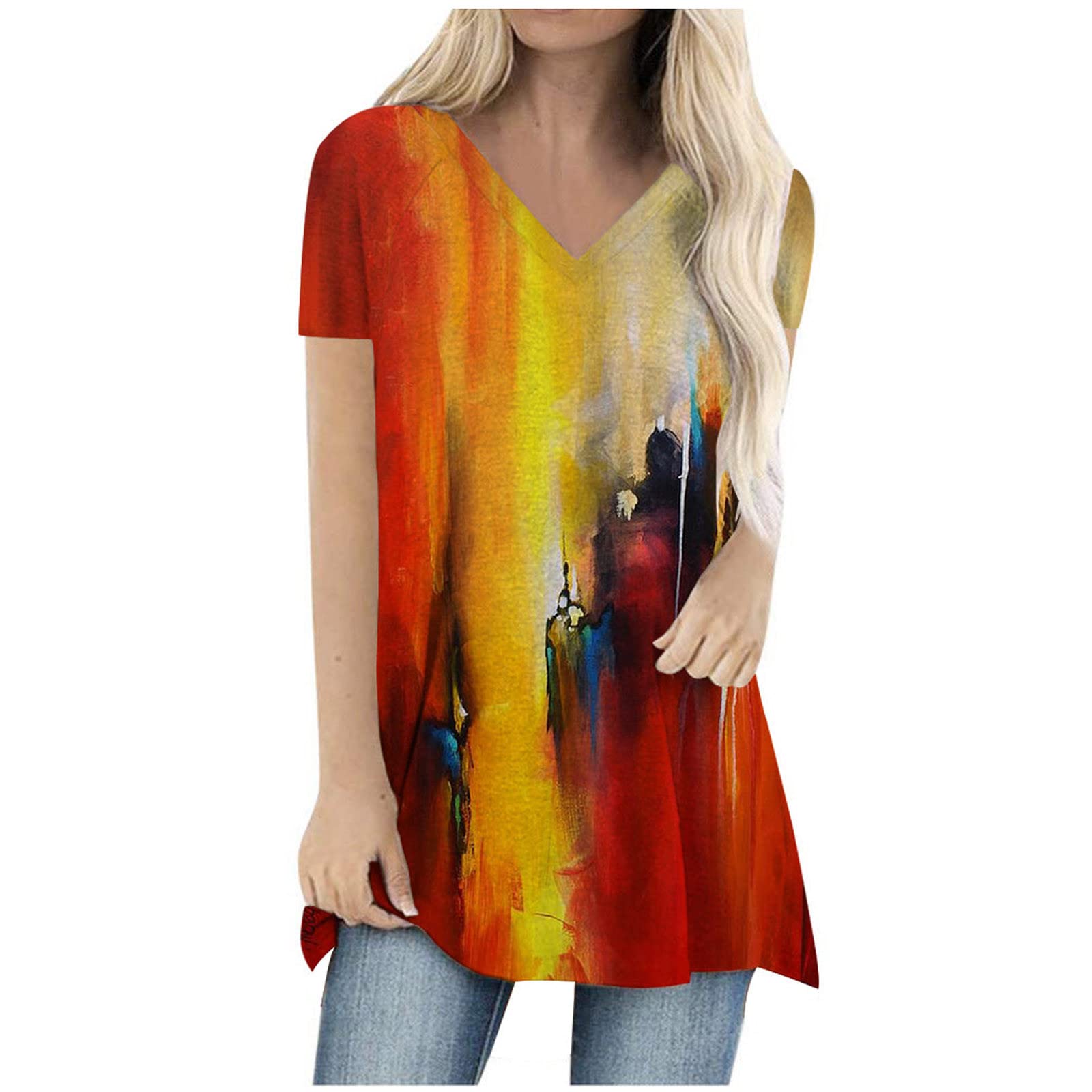 HOXINE Womens Tops Crewneck Tee Summer Casual Short Sleeved Long T-Shirts Loose Pure Color Basic Tees Comfy Large Size Blouse