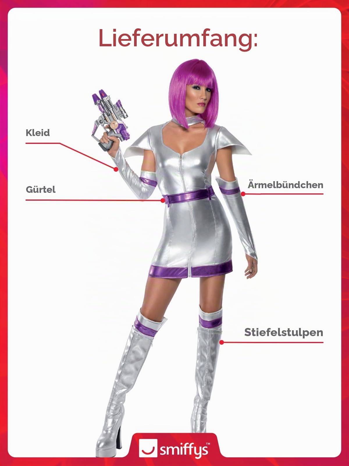 Smiffys Fever Space Cadet Costume, Silver Metallic with Dress, Belt, Arm Cuffs and Boot Cuffs, Fever Fancy Dress, Adult Dress Up Costumes