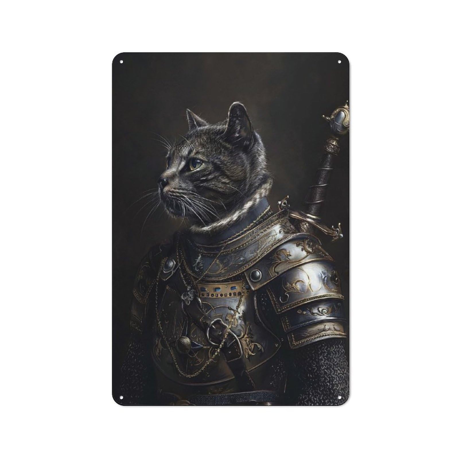 Junmoney Style-10 Workshop Style Knight Cat Warrior Tin Sign 30X20cm, Garage Wall Decor For Tool Room, Garage, Studio Or Home Bar