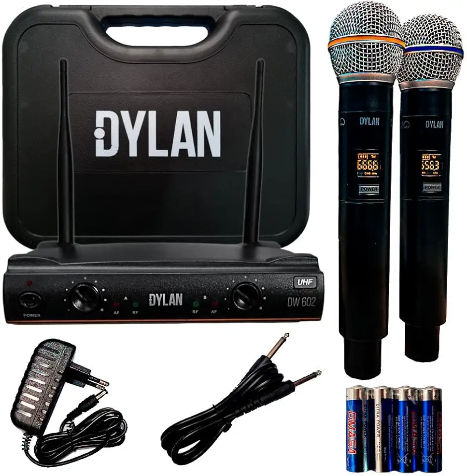 Microfone De Mão Duplo Sem Fio Dylan 26 Canais DW-602 Max