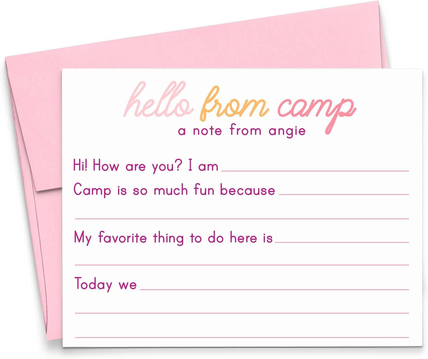 Girls Camp Personalized Fill in The Blank Stationery for Kids Personalized Flat Note Cards for Girls, Camp Stationery for Kids Fill in Notes, Kid Stationary with Envelopes, Your Choice of Quantity