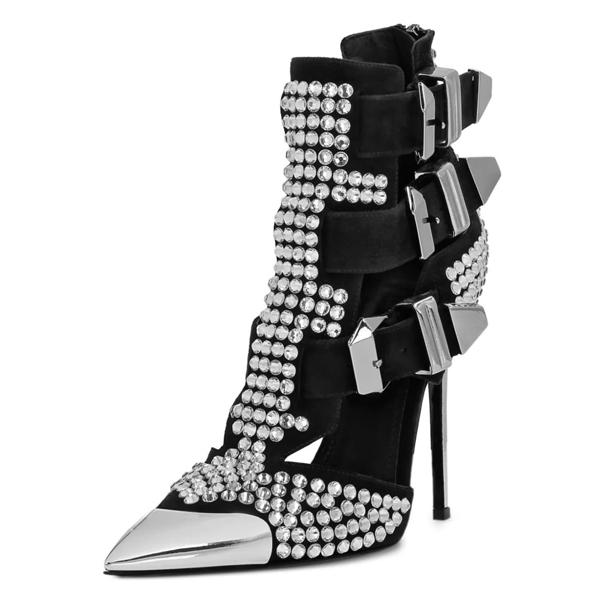 FSJ Women Studded Bling Ankle Booties Punk Pointed Toe Crystal Embellished Cutout Zipper Stiletto Heeled Boots Multiple Buckle