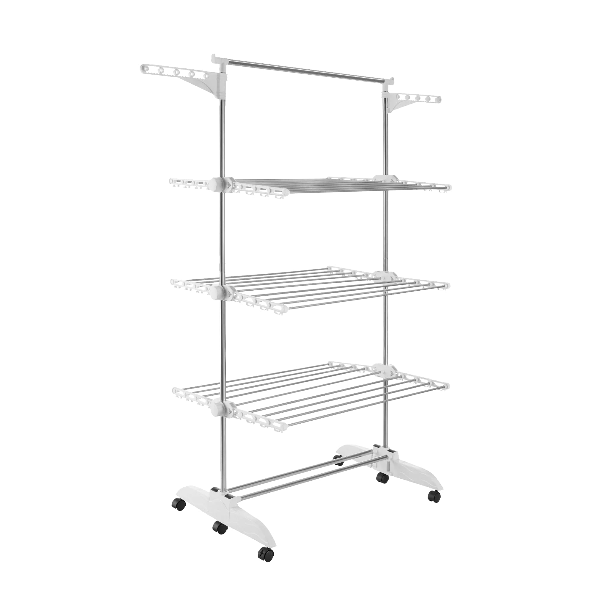 PORTENTUM Stendino verticale salvaspazio pieghevole 14 cm 5 livelli – 58 ganci per appendini – Fino a 40 kg – Stendibiancheria 24 barre acciaio inox – Uso interno ed esterno – Ruote girevoli con freno