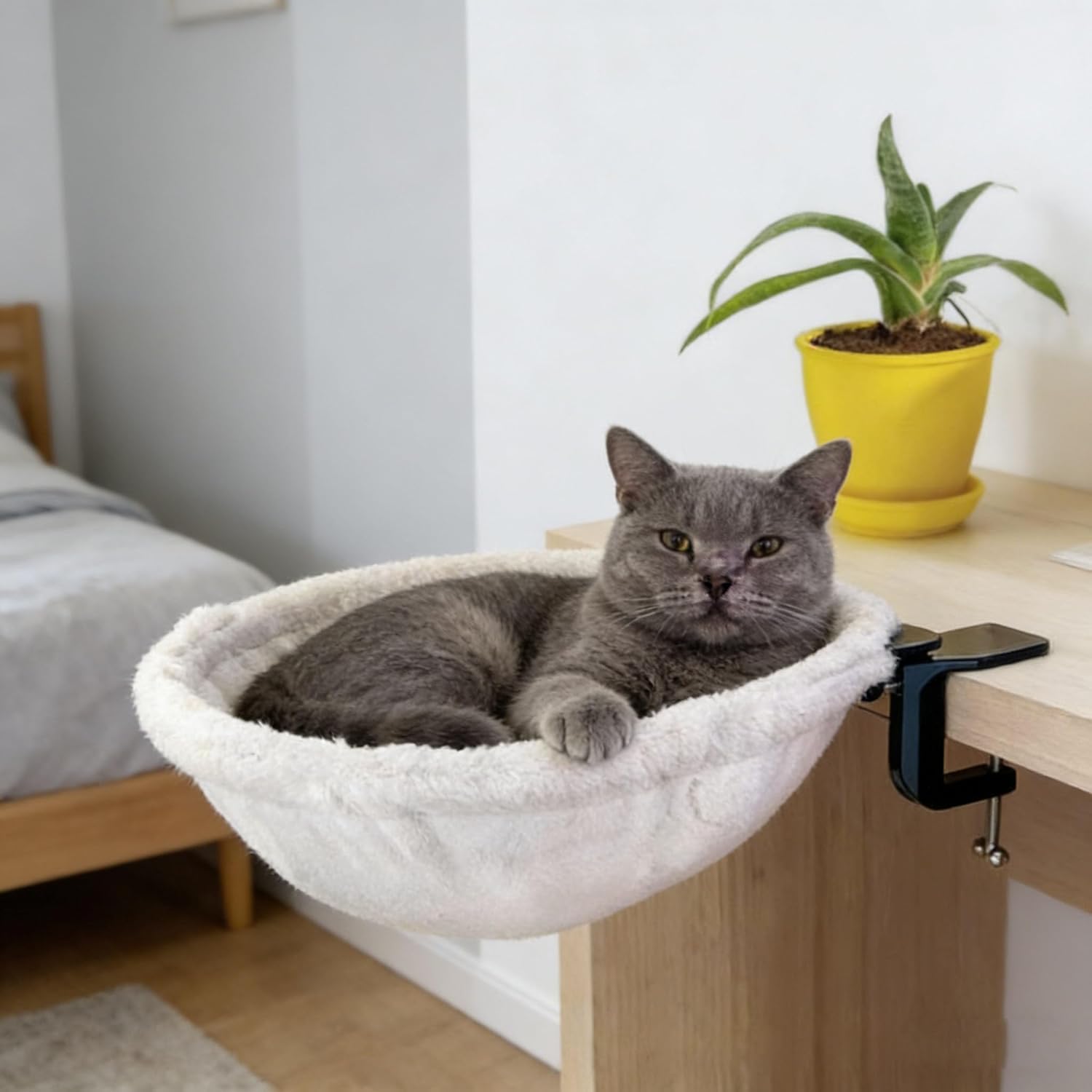 Katzenbett Für Schreibtisch, 360°Drehbar Katzen Schreibtisch Bett-Ohne Bohren, Katzenbett Schreibtischs– Platzsparend Klappbar (Nach Unten) Katzenhängematte, Winter & Sommer - Zu 22.5kg