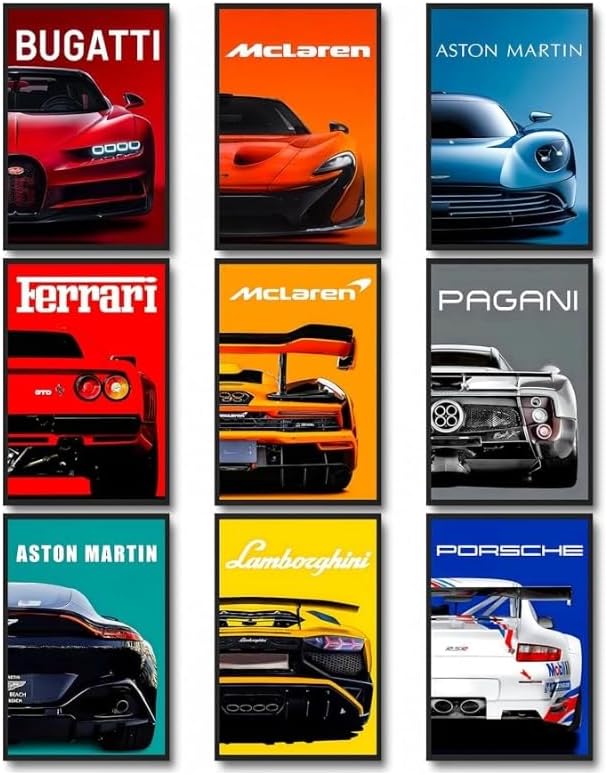 CSLGQGV Car Poster Vintage Racing Car Wall Art Supercar Canvas Prints Painting For Men Room Pictures Guys Dorm Room Aesthetics Decor Bedroom Office (Unframed,8ร10inch,9pcs) Colorful car