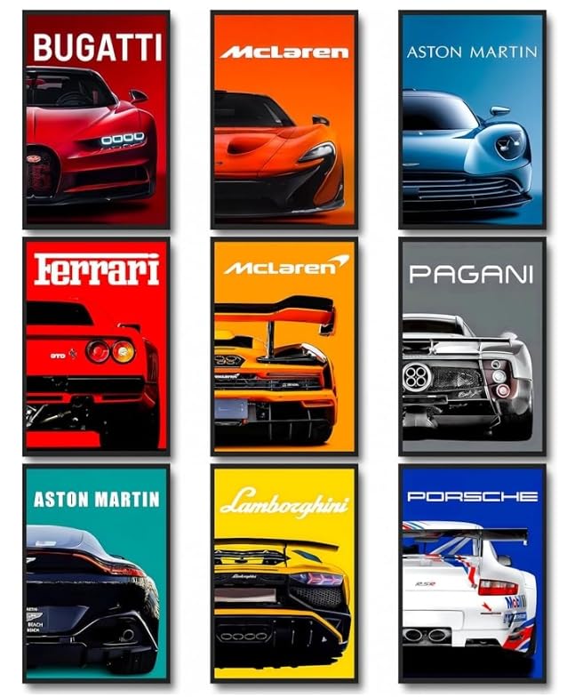CSLGQGV Car Poster Vintage Racing Car Wall Art Supercar Canvas Prints Painting For Men Room Pictures Guys Dorm Room Aesthetics Decor Bedroom Office (Unframed,8×10inch,9pcs) Colorful car