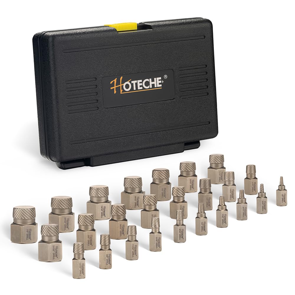 Hoteche Set di estrattori per viti da 25 pezzi, in acciaio al cromo-molibdeno, per estrattore sinistro e destro, da 3,5 mm a 23 mm, sabbiato, in valigetta di plastica nera