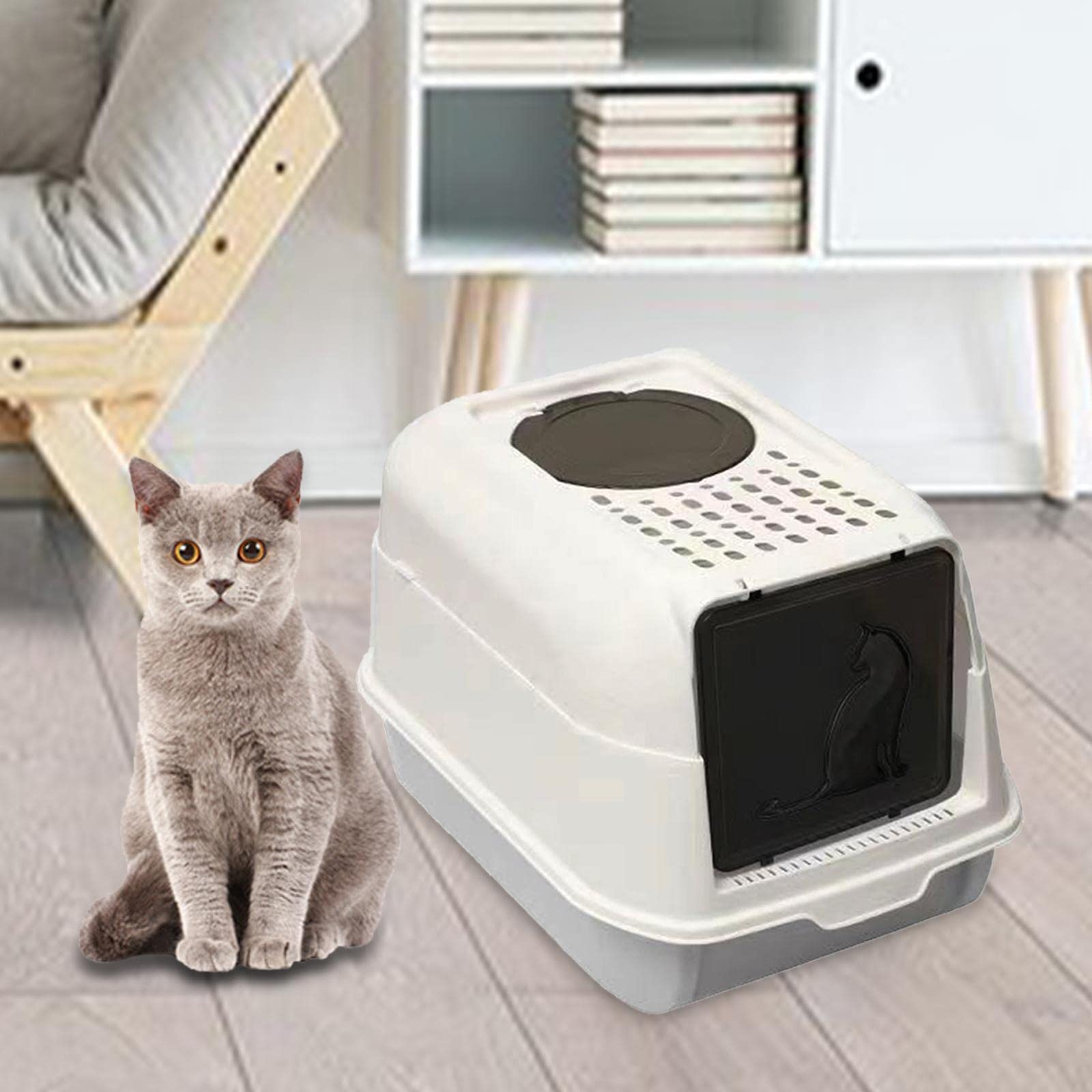 Arenero para Gatos con Tapa, Puerta Retráctil, Bandeja Abierta, Laterales Altos, Material PP, Función de Control de Olores, Apto para Uso en Interiore