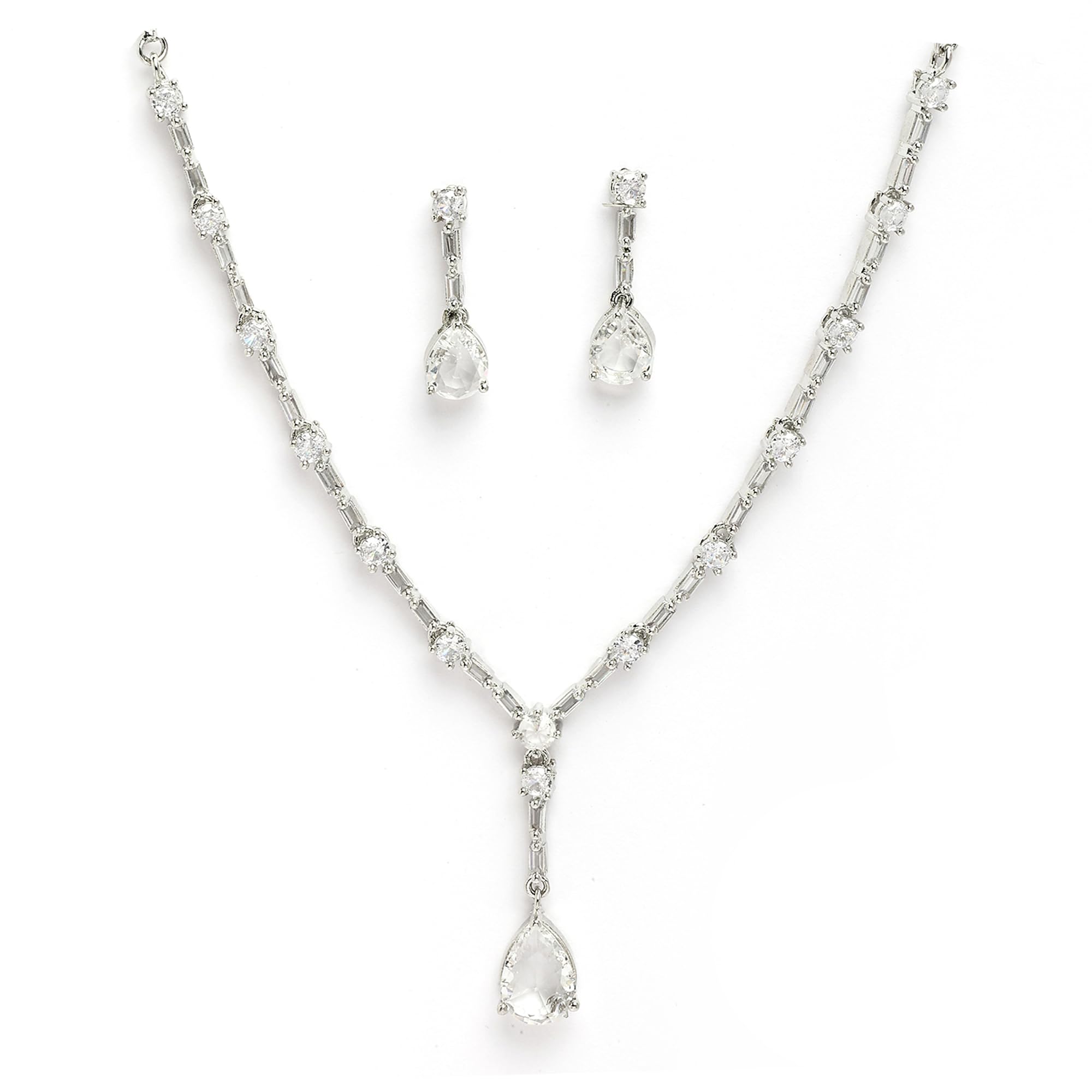 Jewelry Luxury Green American Diamond Crytal Sleek Silver Plated Necklace Jewellery Set For Women & GIfts For Girls