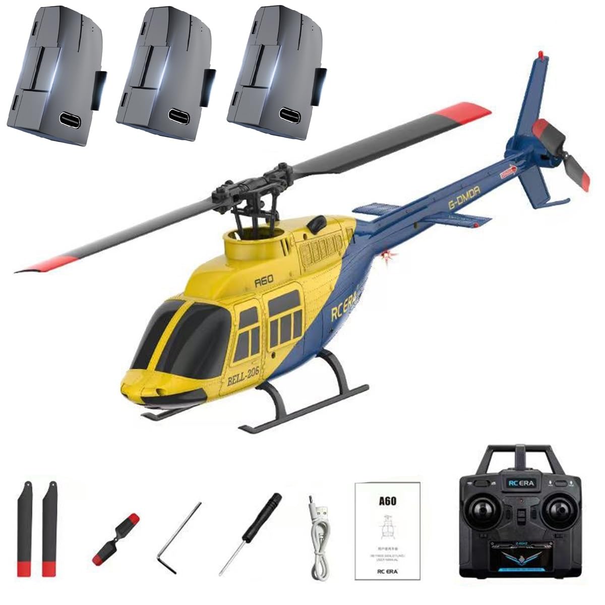 Elicottero RC A60, scala 1:42, BELL206, classe 90, 2,4G, 4 canali, singolo rotore, senza volano, mini elicottero radiocomandato per adulti, con flusso ottico (RTF/giallo e blu)